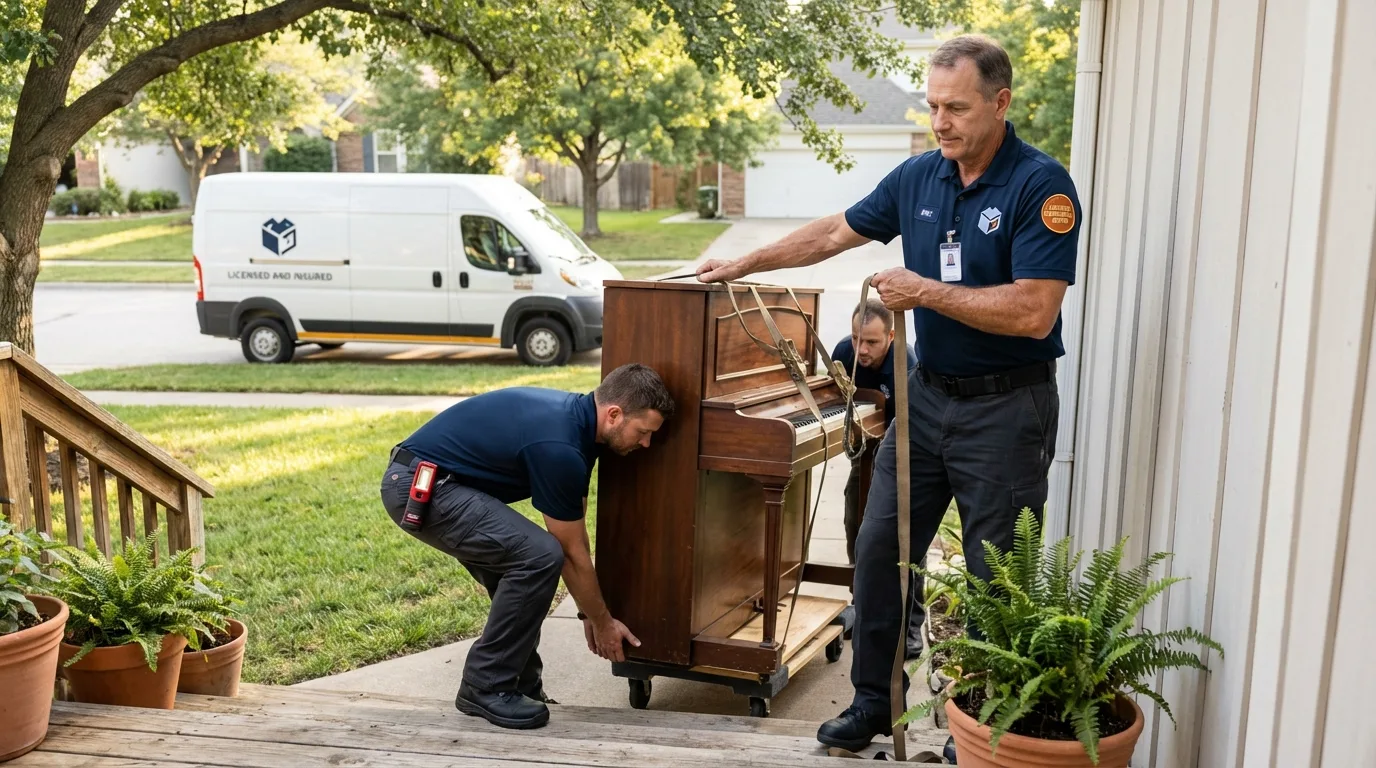 Licensed piano movers securing grand piano in Princeton Junction, NJ