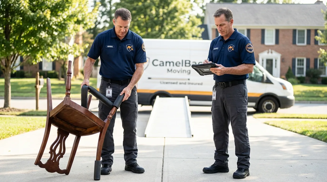 Movers inspecting furniture for damage prevention before loading in Princeton Junction, NJ