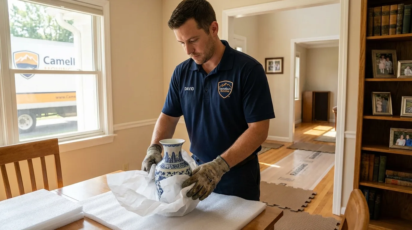 Professional crew carefully wrapping antique vase for senior downsizing move in Princeton Junction, NJ